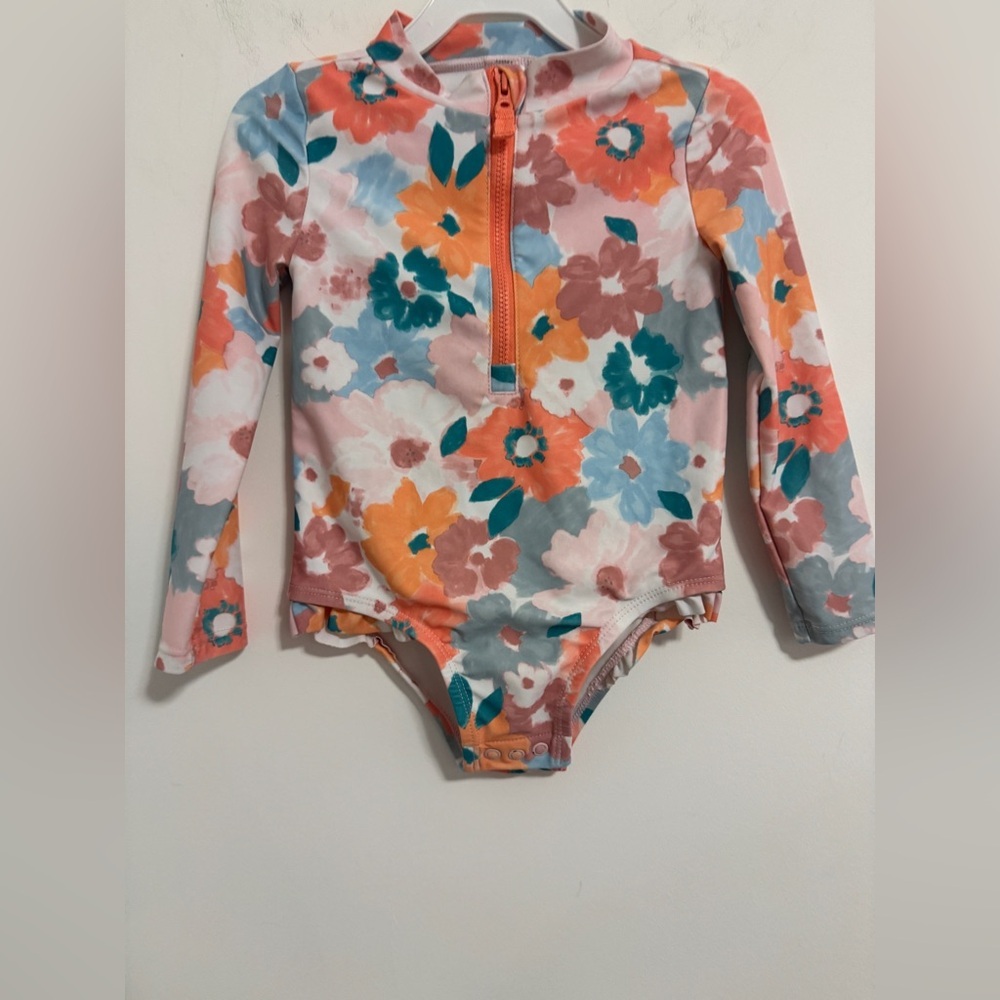 Carter's Girls Floral Long-Sleeve One-Piece Swimsuit in Peach, Teal, Coral